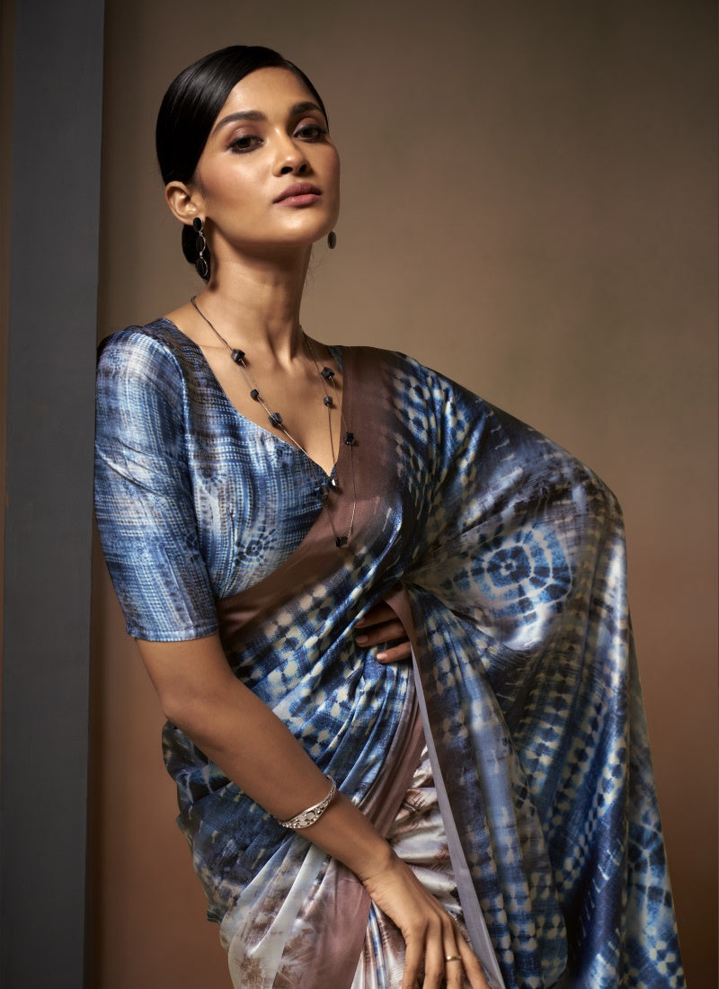 Blue Satin Digital Print Saree-2