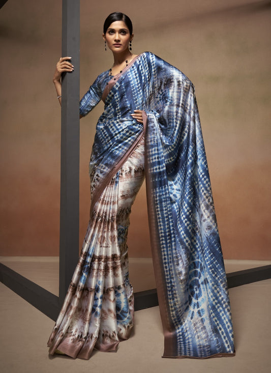 Blue Satin Digital Print Saree