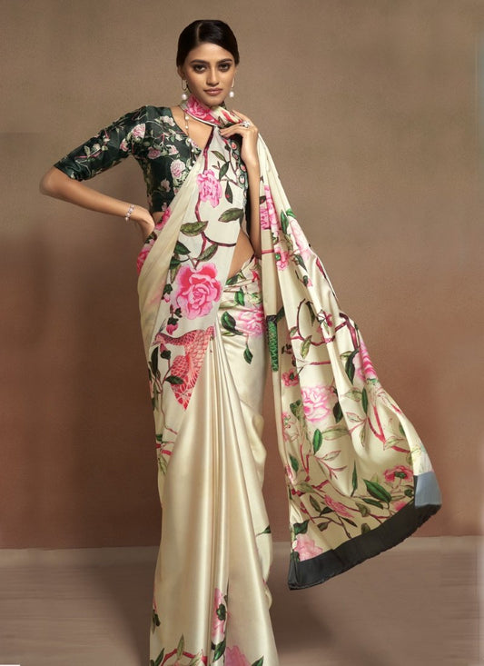 Beige Satin Digital Print Saree