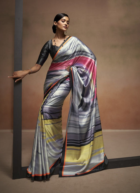 Multi Color Satin Digital Print Saree