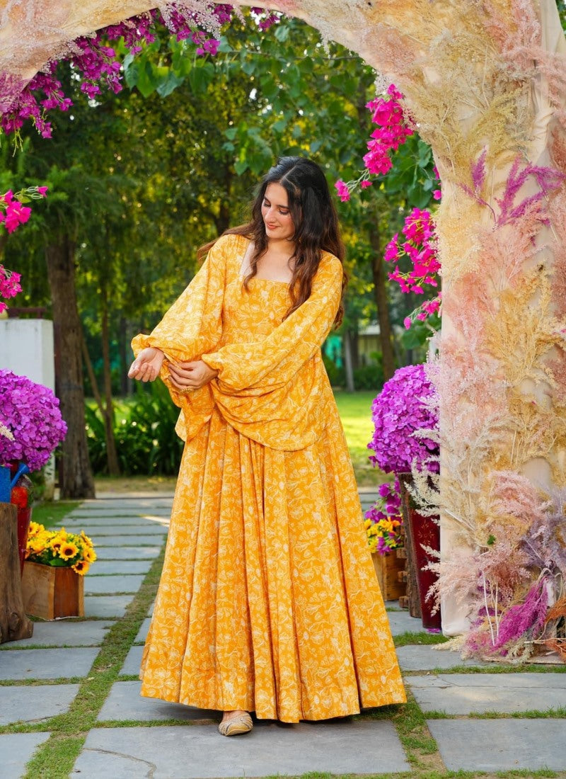 Yellow Georgette Digital Printed Gown-2