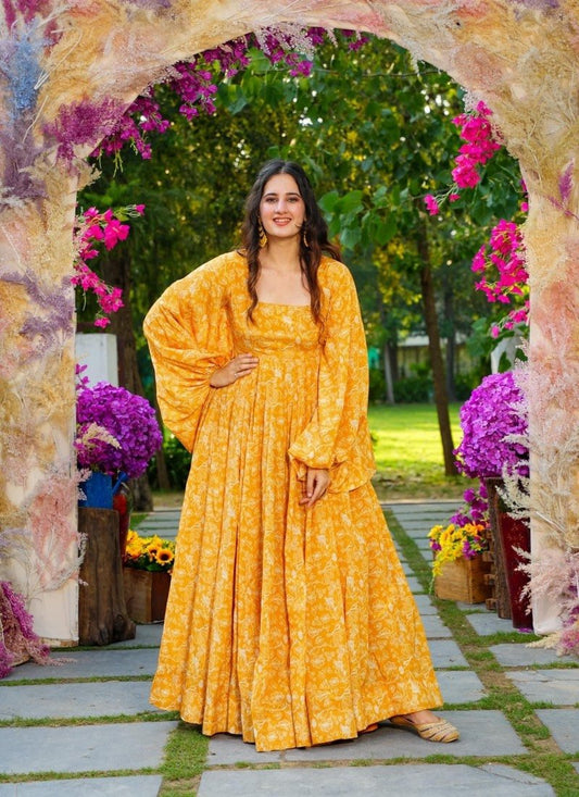 Yellow Georgette Digital Printed Gown