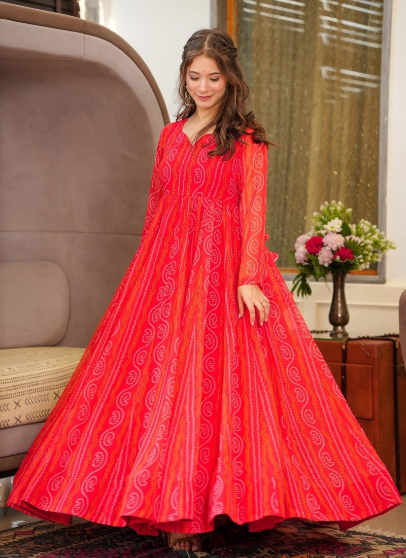 Red Georgette Digital Printed Gown-2