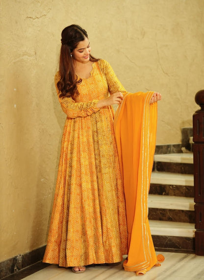 Yellow Georgette Digital Printed Gown-2