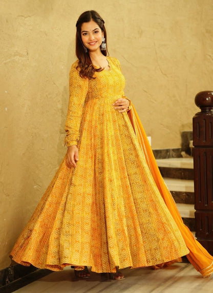 Yellow Georgette Digital Printed Gown