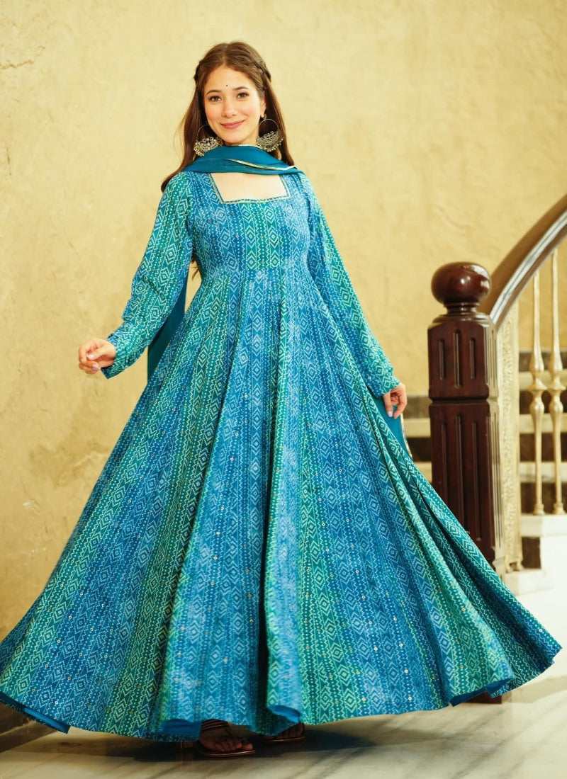 Blue Georgette Digital Printed Gown-2