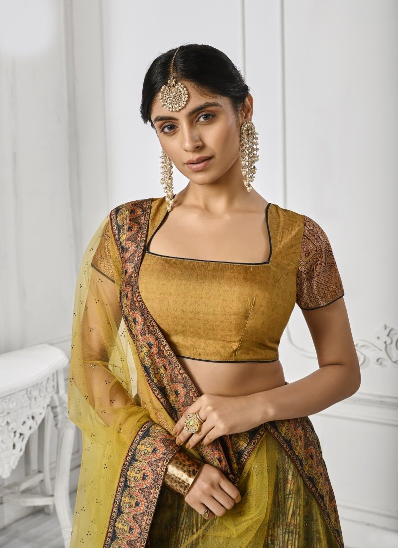 Golden Silk Kalamkari Printed Lehenga Choli-2