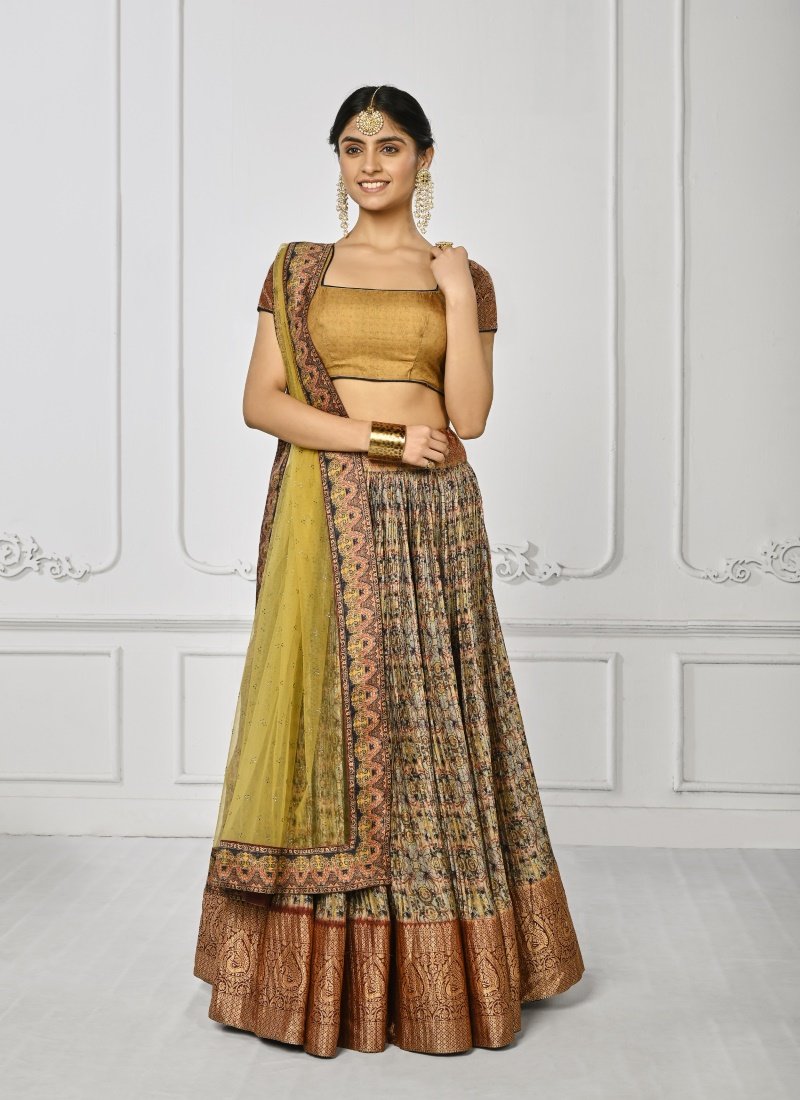 Golden Silk Kalamkari Printed Lehenga Choli