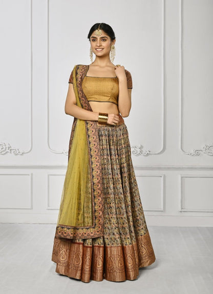 Golden Silk Kalamkari Printed Lehenga Choli