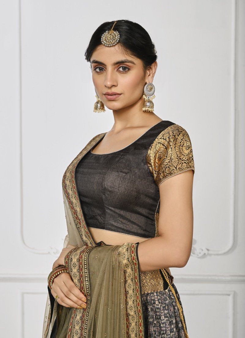 Black Silk Kalamkari Printed Lehenga Choli-2