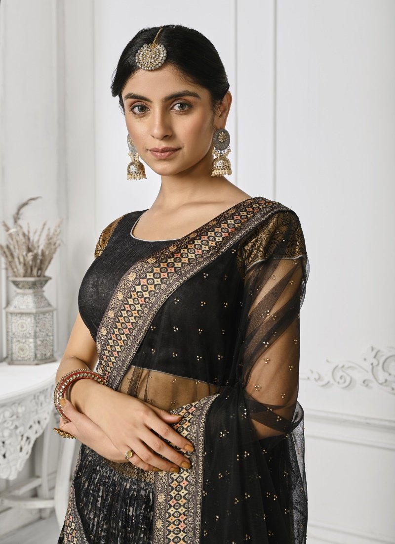 Black Silk Kalamkari Printed Lehenga Choli-2