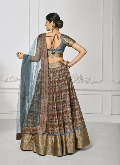 Light Blue Silk Kalamkari Printed Lehenga Choli-2