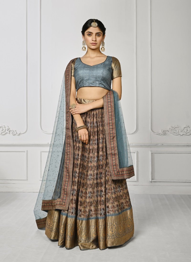 Light Blue Silk Kalamkari Printed Lehenga Choli-2