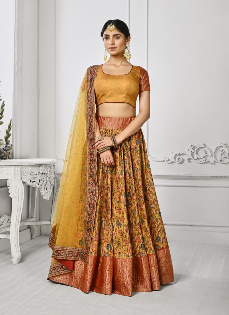 Yellow Silk Kalamkari Printed Lehenga Choli