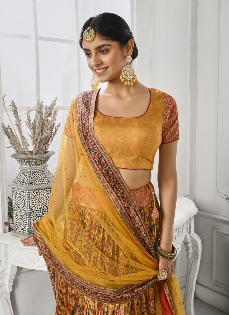 Yellow Silk Kalamkari Printed Lehenga Choli-2