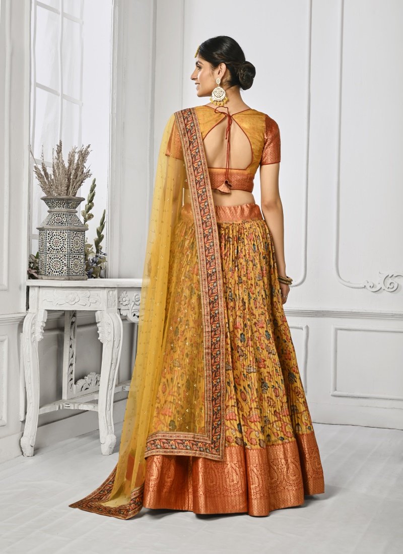 Yellow Silk Kalamkari Printed Lehenga Choli-2