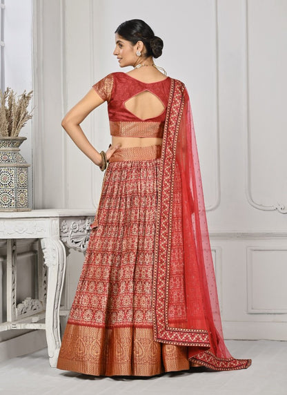 Red Silk Kalamkari Printed Lehenga Choli-2