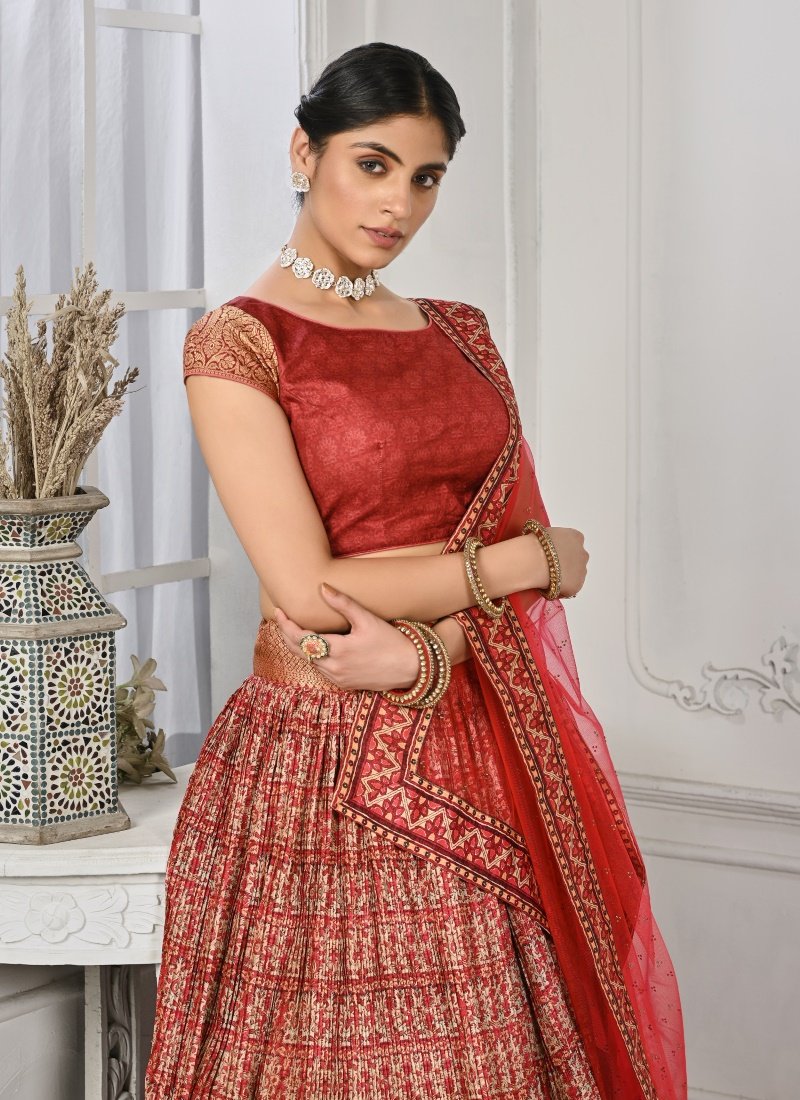 Red Silk Kalamkari Printed Lehenga Choli-2