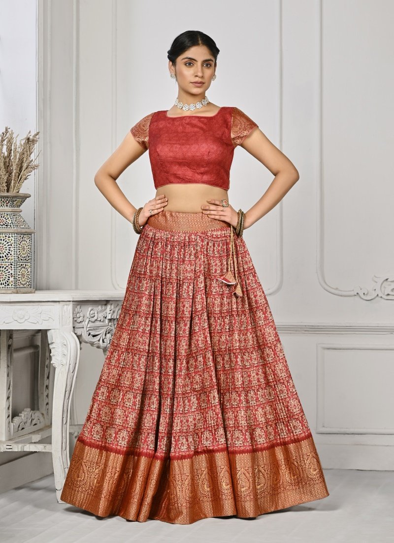 Red Silk Kalamkari Printed Lehenga Choli-2