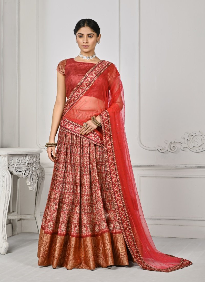 Red Silk Kalamkari Printed Lehenga Choli