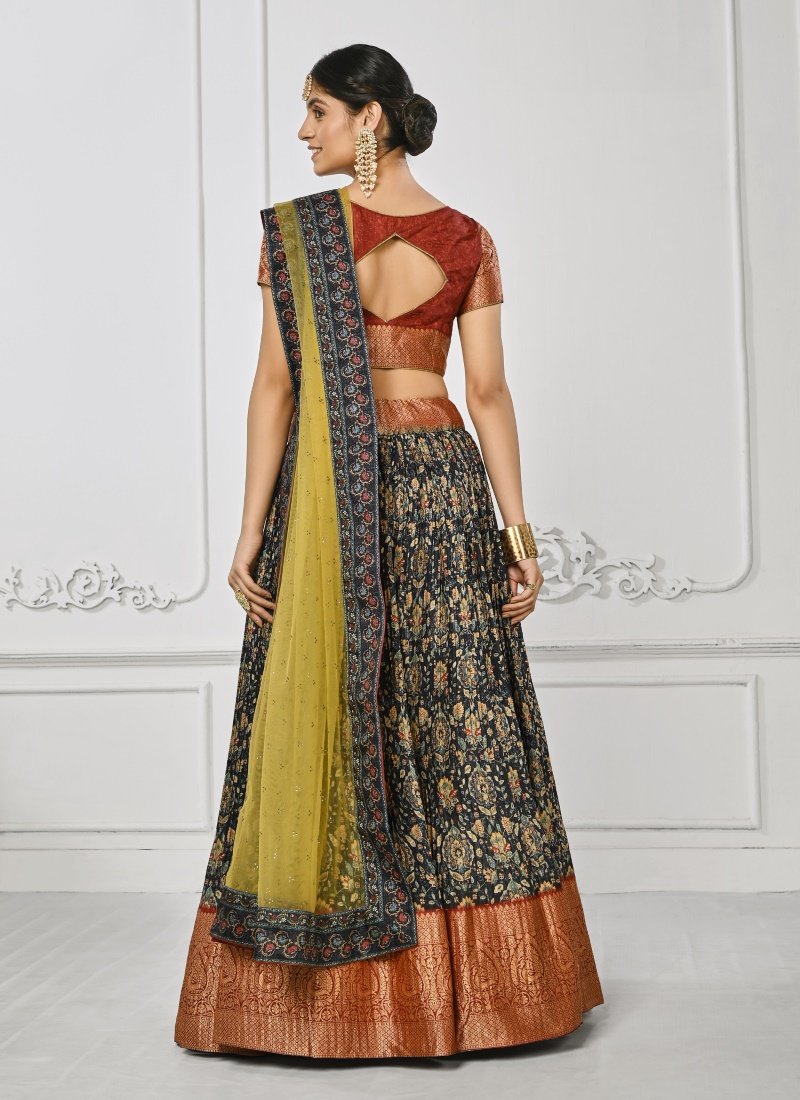 Navy Blue Silk Kalamkari Printed Lehenga Choli-2