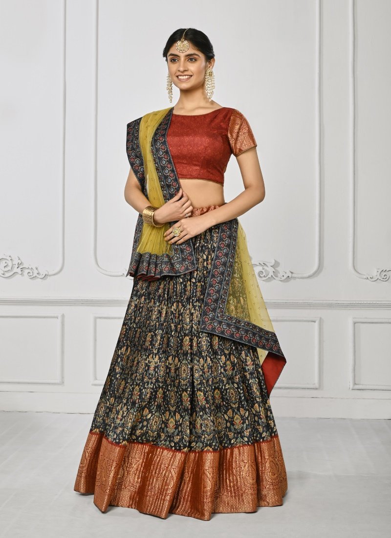 Navy Blue Silk Kalamkari Printed Lehenga Choli