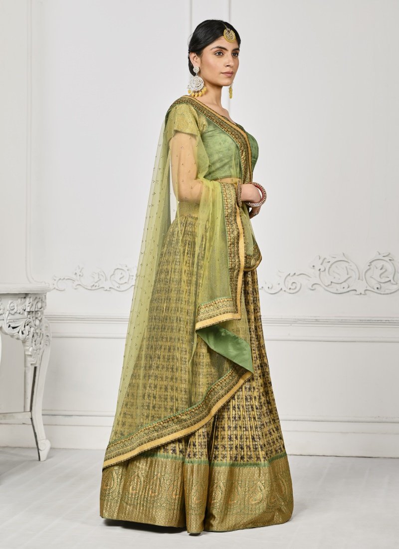 Pista Green Silk Kalamkari Printed Lehenga Choli