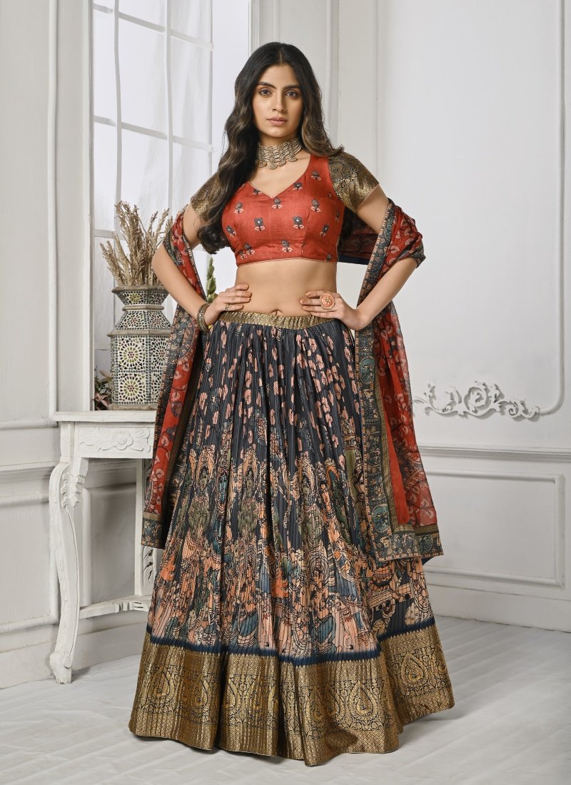 Black Silk Kalamkari Printed Lehenga Choli