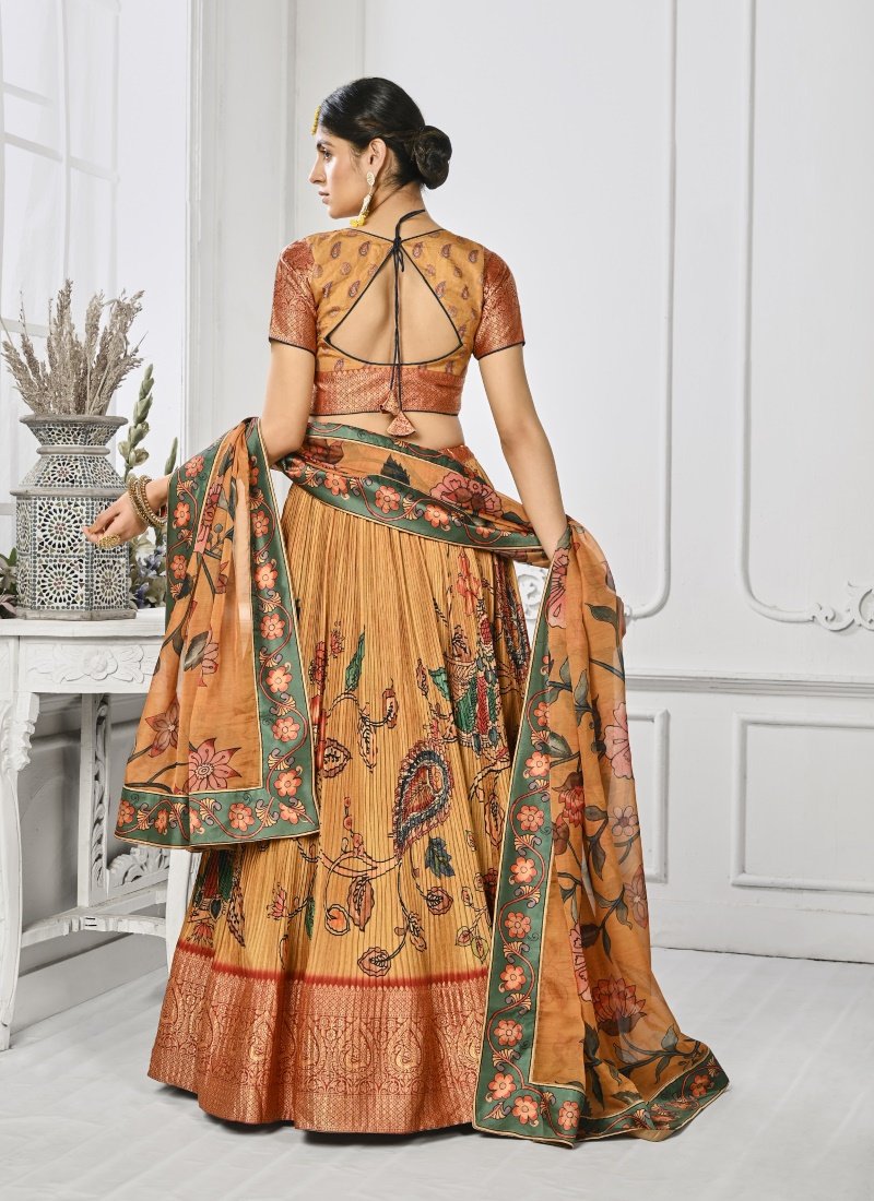 Mustard Yellow Silk Kalamkari Printed Lehenga Choli-2