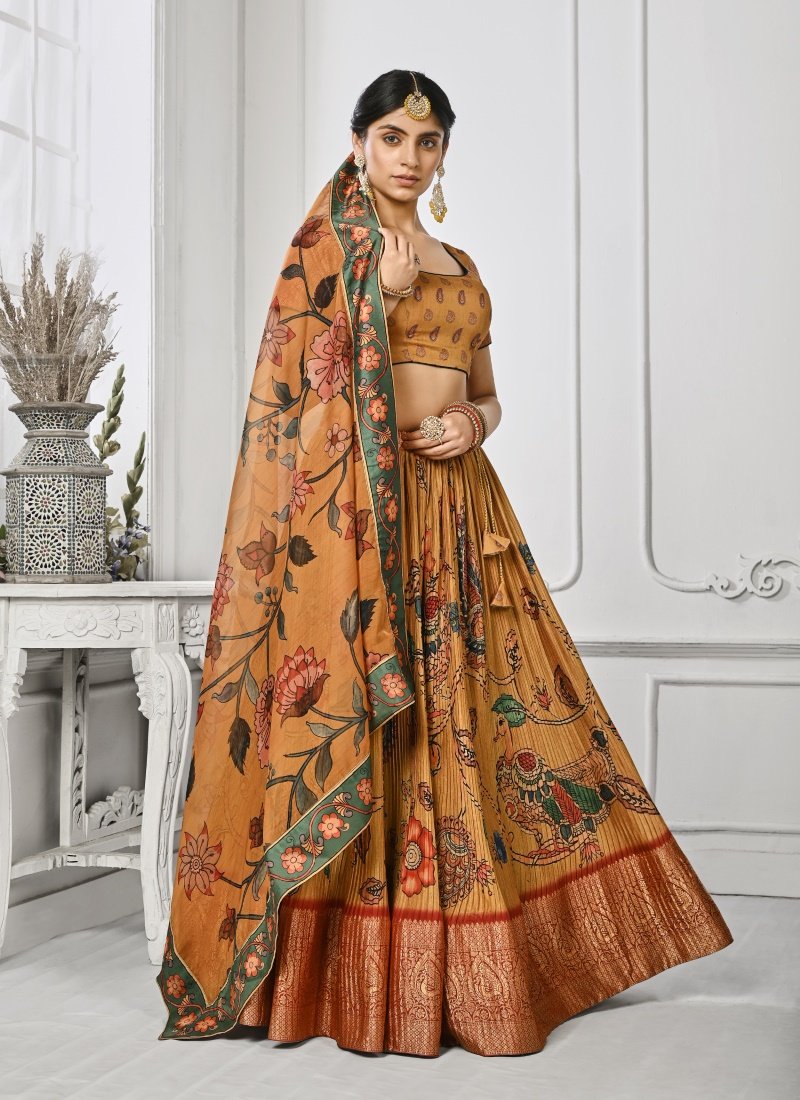 Mustard Yellow Silk Kalamkari Printed Lehenga Choli