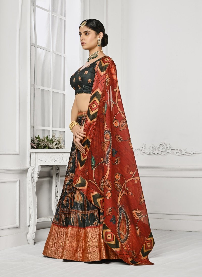 Black Silk Kalamkari Printed Lehenga Choli-2