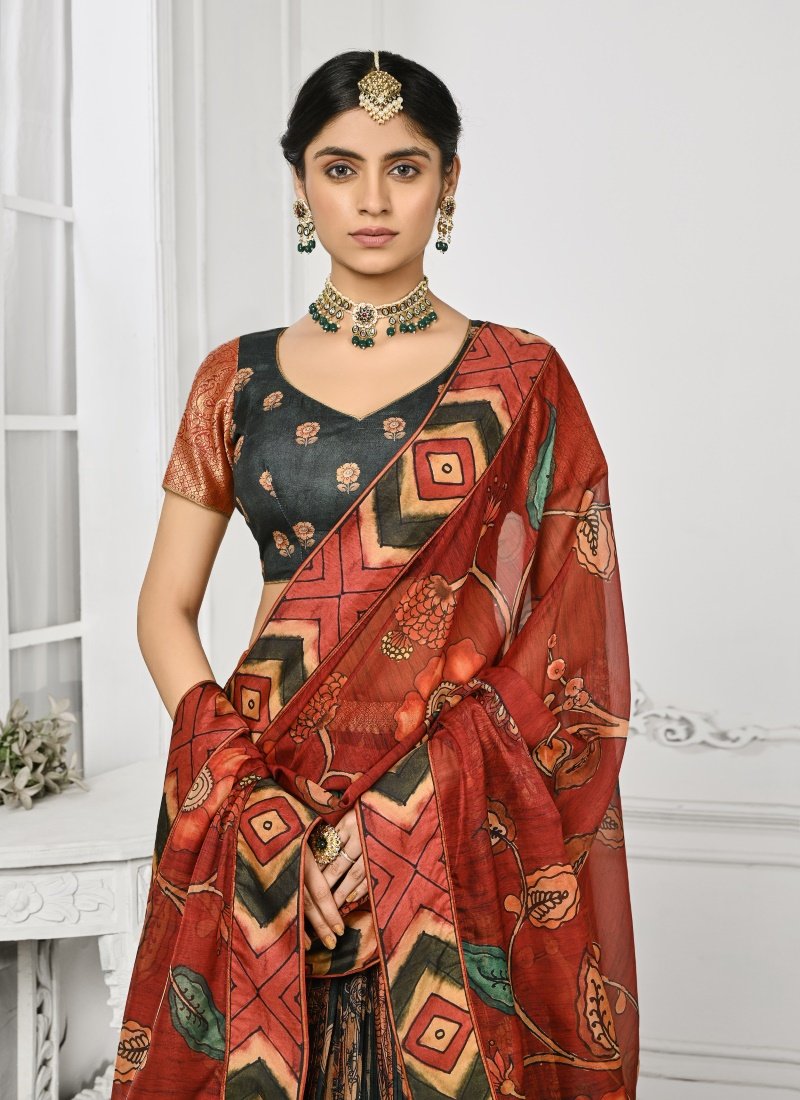 Black Silk Kalamkari Printed Lehenga Choli-2