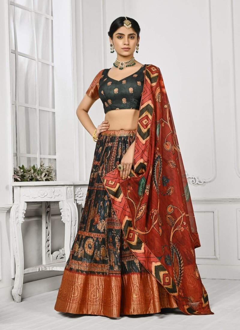 Black Silk Kalamkari Printed Lehenga Choli