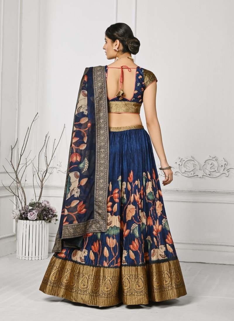 Blue Silk Kalamkari Printed Lehenga Choli-2