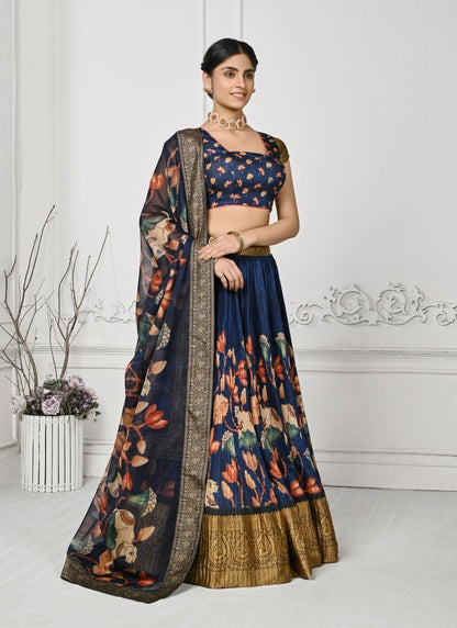 Blue Silk Kalamkari Printed Lehenga Choli