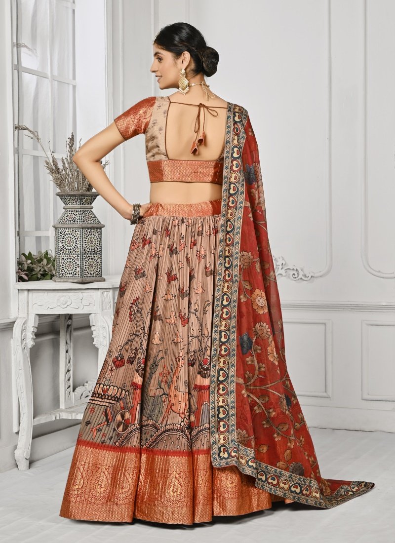 Beige Silk Kalamkari Printed Lehenga Choli-2