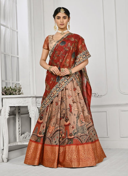 Beige Silk Kalamkari Printed Lehenga Choli