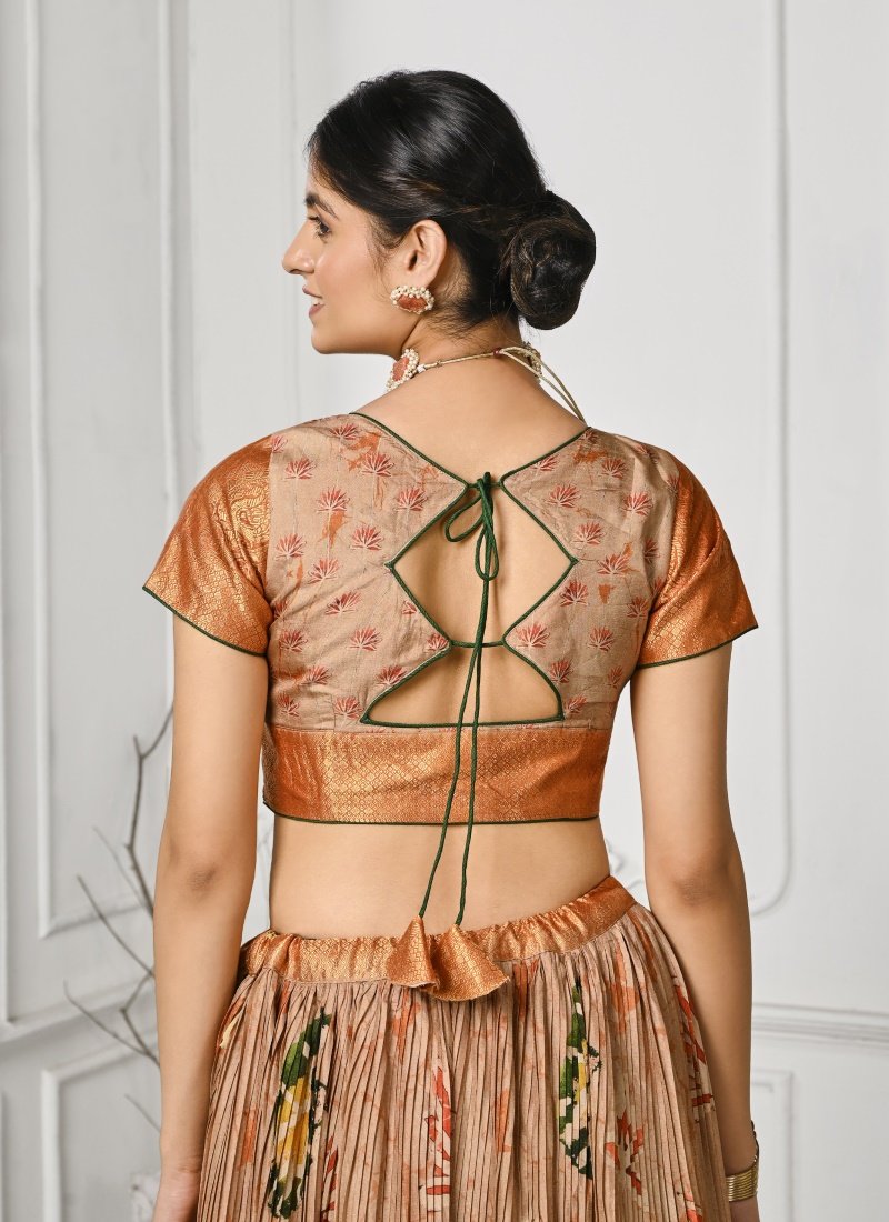 Beige Silk Kalamkari Printed Lehenga Choli-2