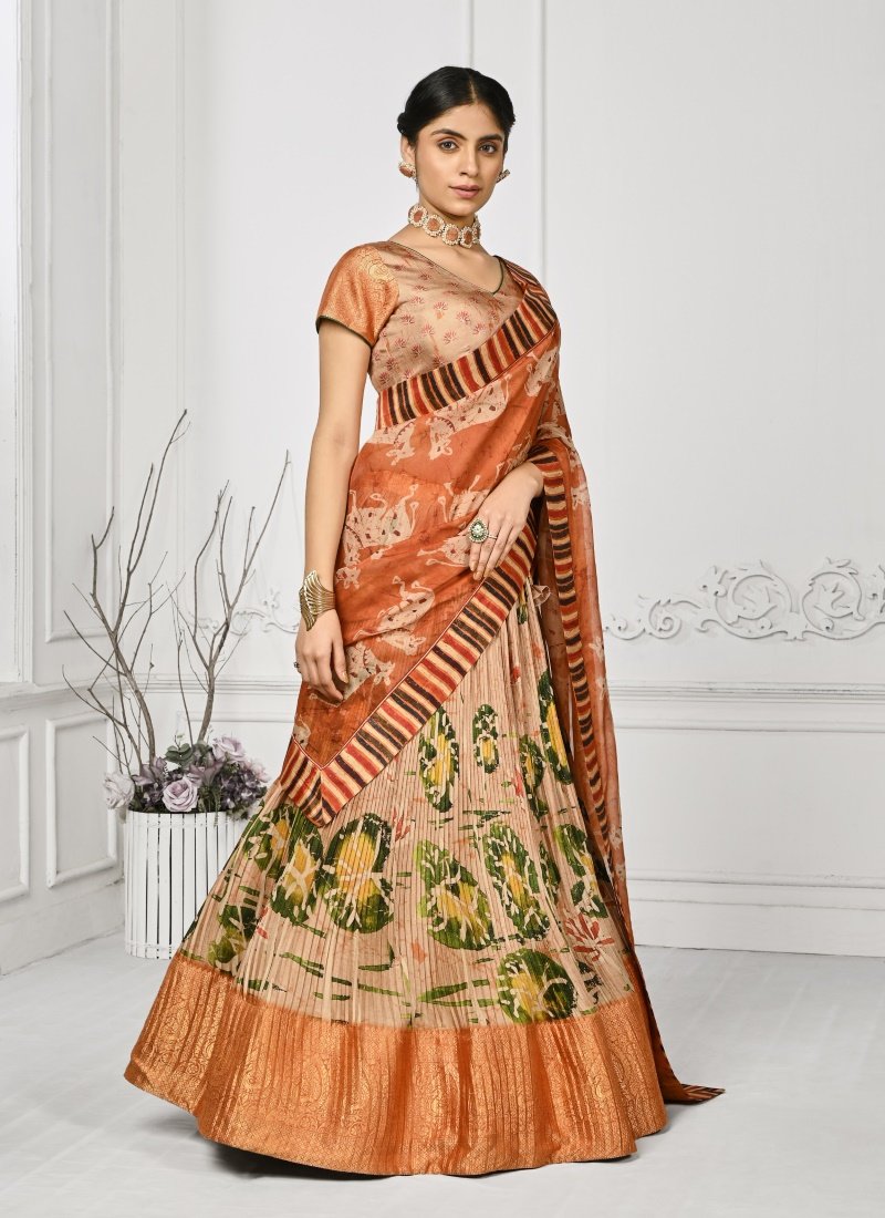 Beige Silk Kalamkari Printed Lehenga Choli