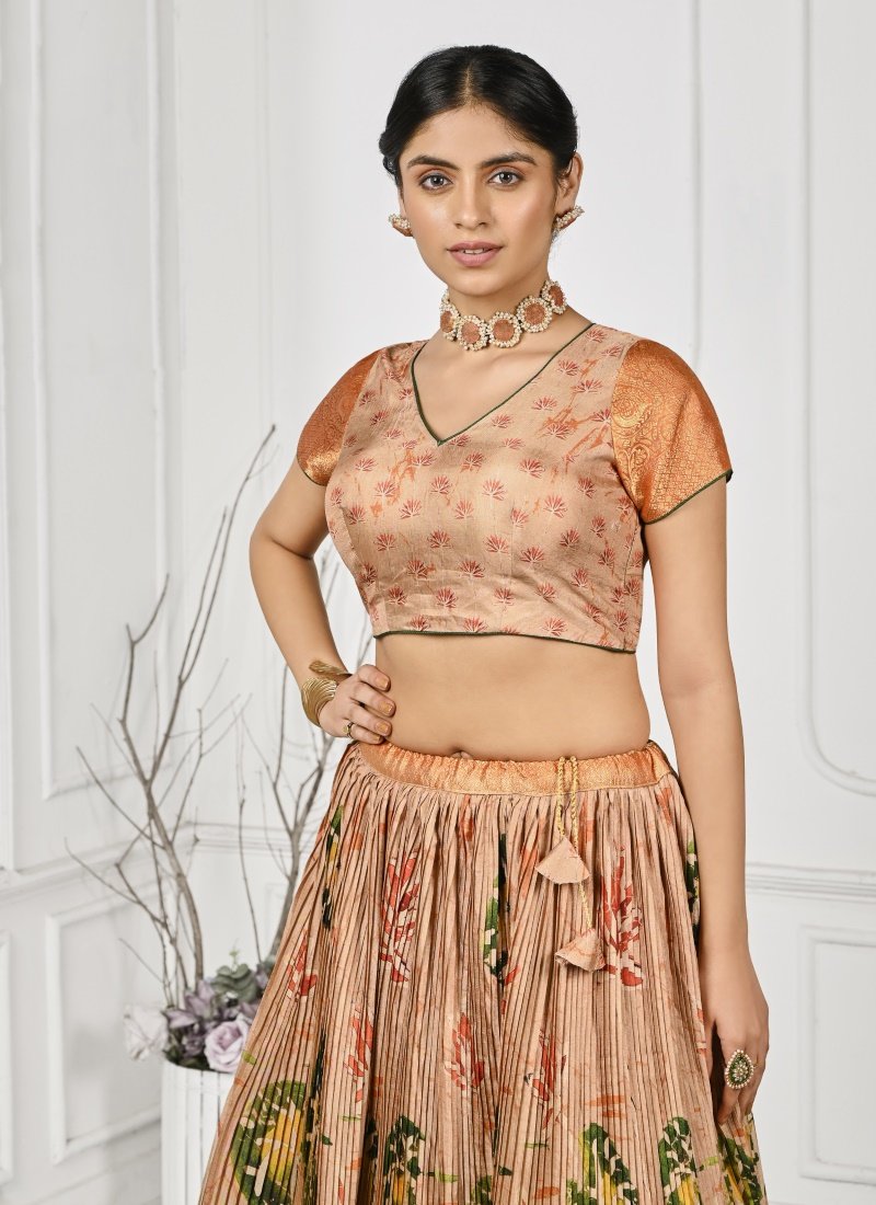 Beige Silk Kalamkari Printed Lehenga Choli-2