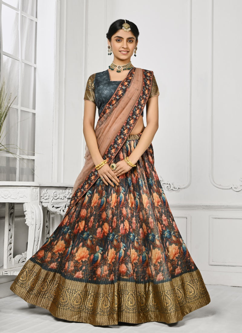 Blue Silk Floral Print Lehenga Choli