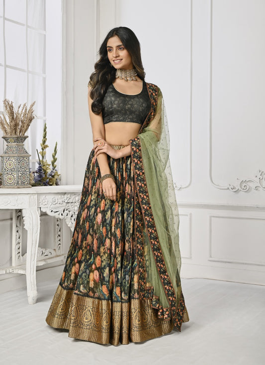 Black Silk Floral Print Lehenga Choli