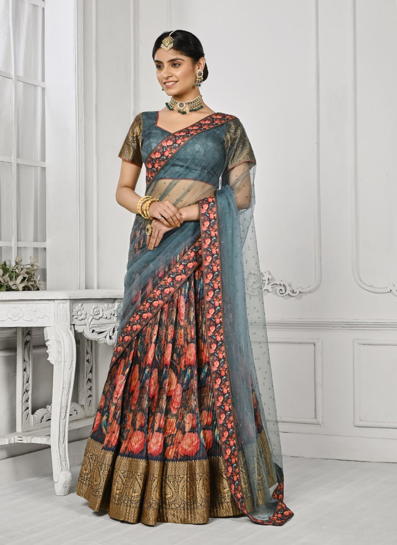 Blue Silk Floral Print Lehenga Choli