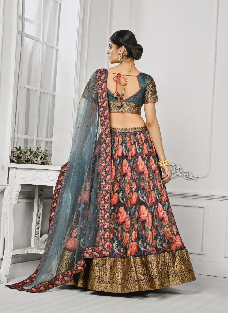 Blue Silk Floral Print Lehenga Choli-2