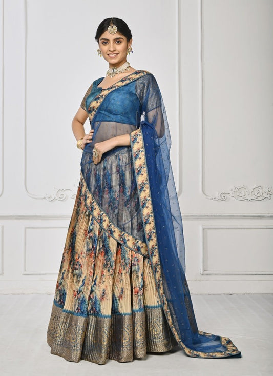 Blue Silk Floral Print Lehenga Choli