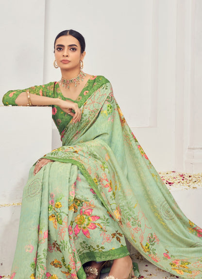 Light Green Silk Printed Saree With Zari Work