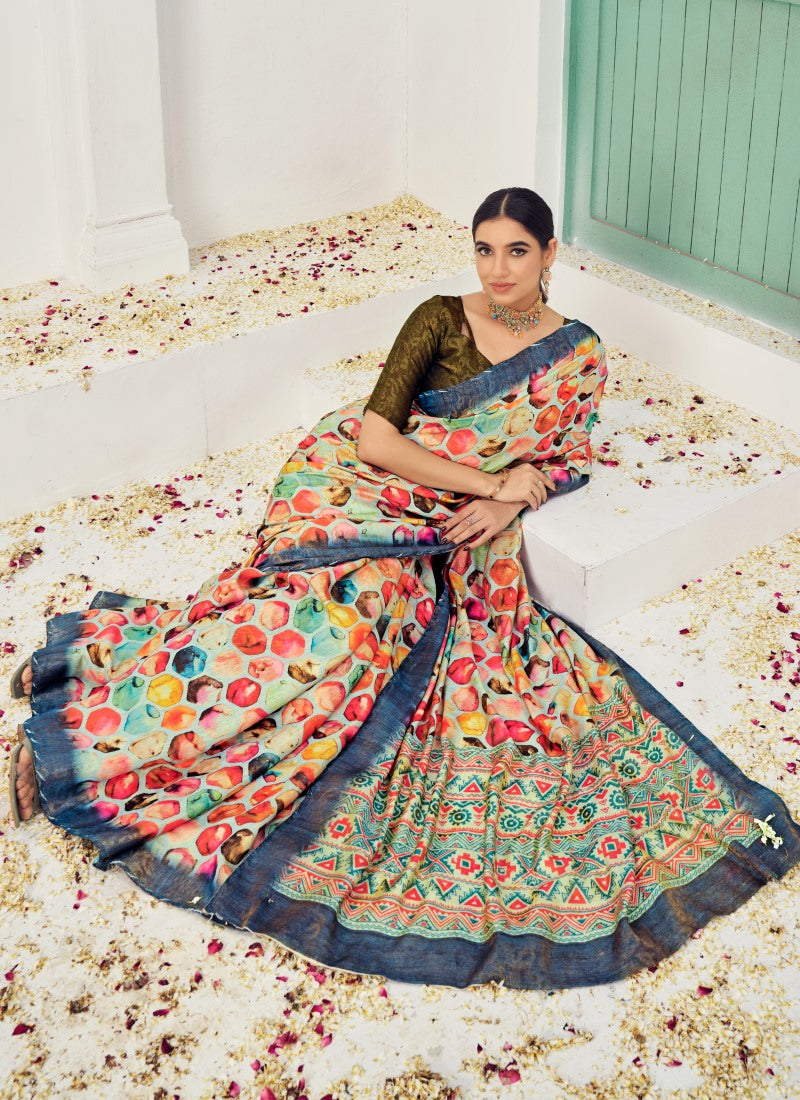 Multi Color Silk Printed Saree With Zari Work