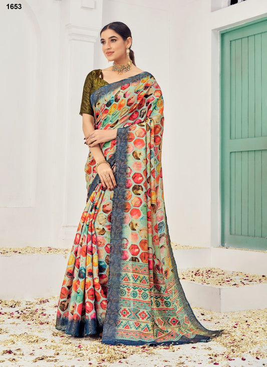 Multi Color Silk Printed Saree With Zari Work