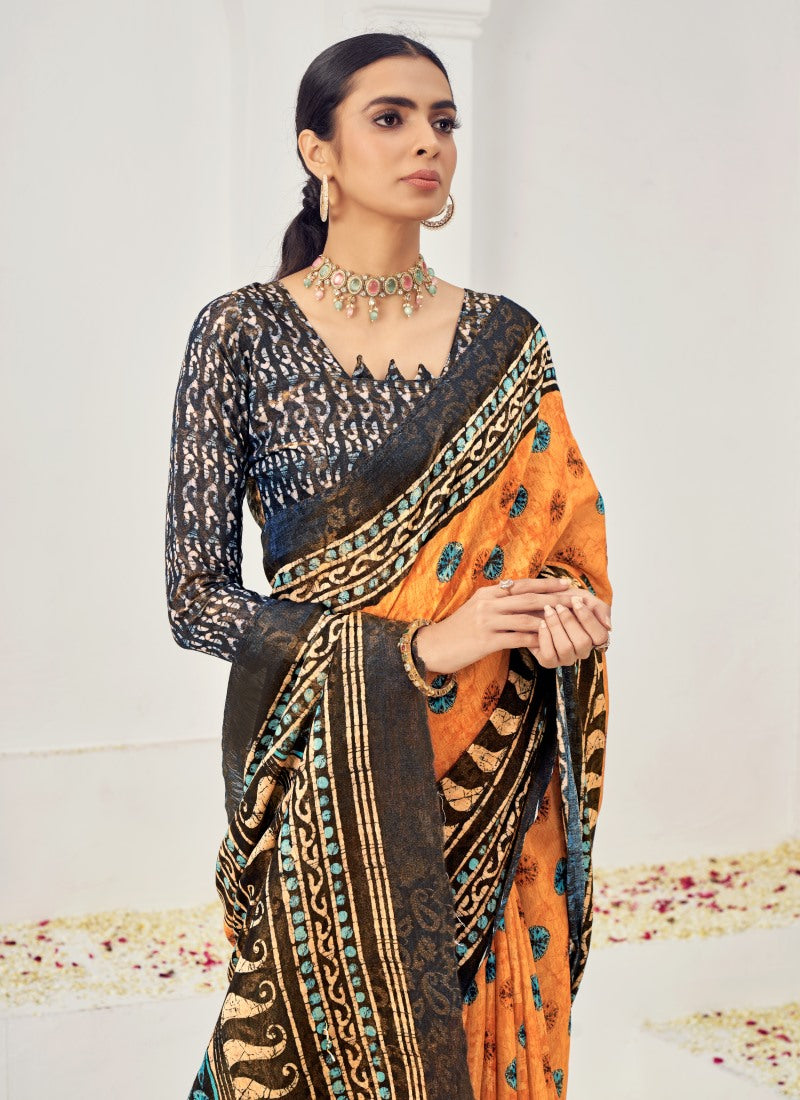 Orange Silk Printed Saree With Zari Work