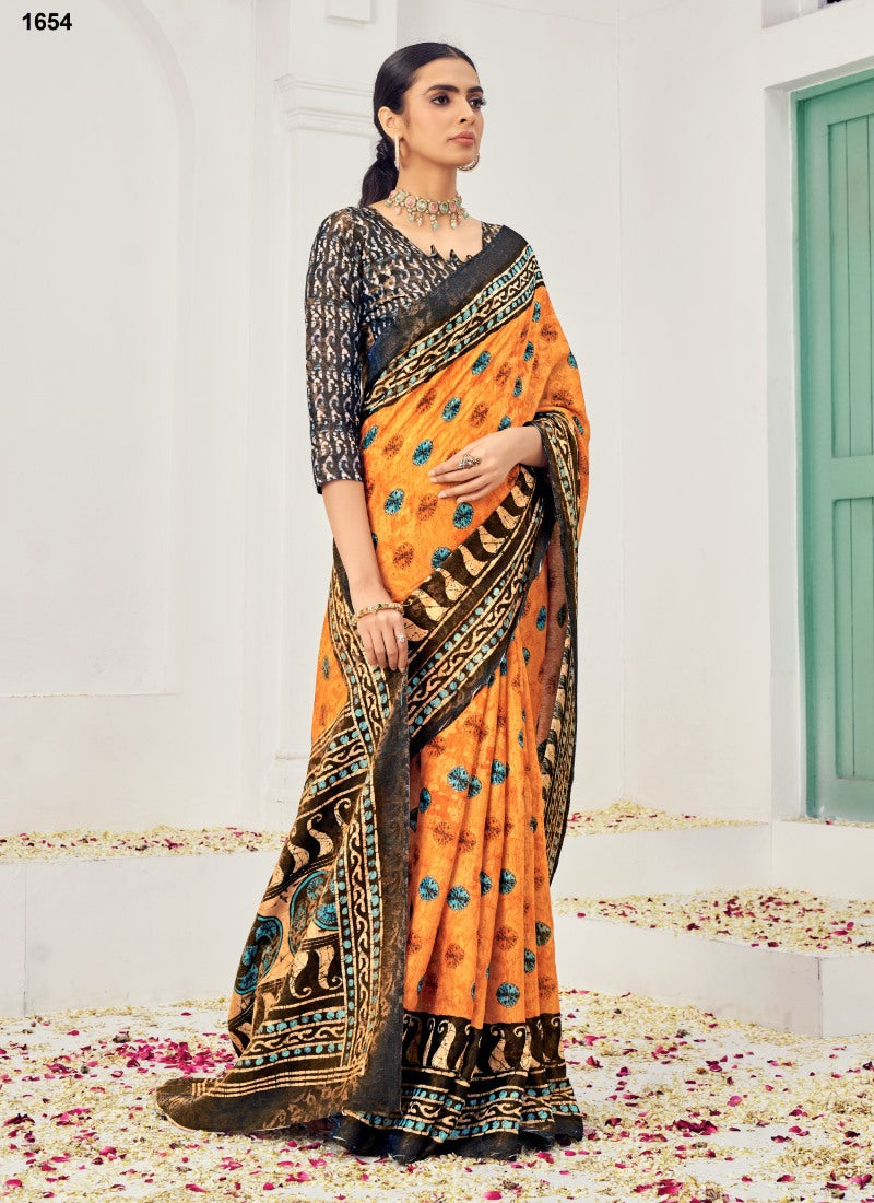 Orange Silk Printed Saree With Zari Work